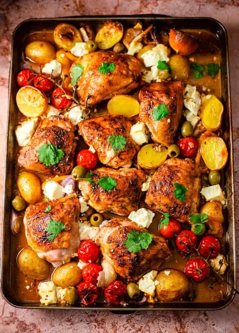 Mediterranean Chicken Tray Bake, One Tray Chicken And Vegetables, Dinner Buffet Ideas At Home, Easy Mediterranean Chicken, Iftar Ideas, Ideas For Ramadan, Feta And Olives, Recipes For Ramadan, Greek Chicken And Potatoes