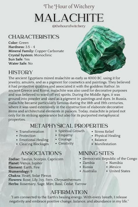 Malachite Crystal Properties, Malachite Crystal Meaning, Malachite Properties, Malachite Meaning, Crystal Malachite, Energy Stones Crystal Healing, Best Healing Crystals, Spiritual Coaching, Crystal Healing Chart