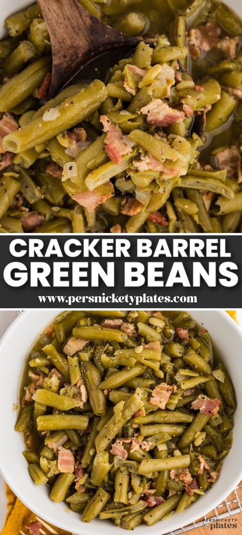 These Country Style Green Beans take simple canned green beans to the next level, adding the savory flavors of bacon and onion for a dish that's packed with Southern comfort. A Cracker Barrel copycat, this simple recipe is a true classic with a delicious, home-cooked feel. | www.persnicketyplates.com Green Bean Recipes For Bbq, Green Bean Recipes In Crockpot, Green Beans With French Fried Onions, Green Beans And Kale Recipe, Long John Silver's Green Beans Recipe, Country Style Green Beans With Bacon, How To Dress Up Canned Green Beans, Green Beans With Fatback, Paula Dean Green Beans