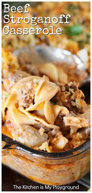 Beef Stroganoff Casserole ~ Dig in to a pan of this tasty casserole for dinner! It's loaded with great flavor the whole family will love. www.thekitchenismyplayground.com Stroganoff Casserole Recipe, Beef Stroganoff Casserole, Stroganoff Casserole, The Kitchen Is My Playground, Beef Casserole Recipes, Yummy Casseroles, Beef Stroganoff, Beef Recipes Easy, Beef Casserole