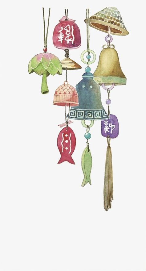 Japanese Wind Chimes, Japon Illustration, China Art, Japan Art, Chinese Painting, Chinese Art, Asian Art, Japanese Art, Colorful Art