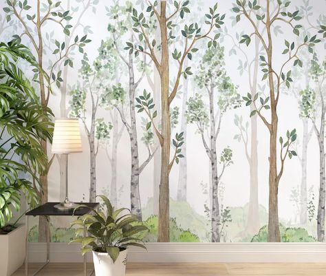 Kindergarten Wallpaper, Forest Watercolor, Forest Wall Mural, Nursery Mural, Birch Forest, Nursery Room Inspiration, Mural Ideas, Up House, Nursery Inspo