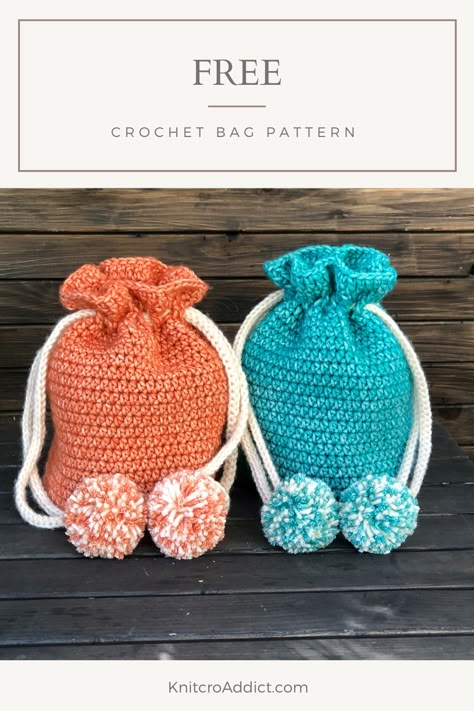 Crochet Drawstring Bag Pattern with Pom Poms - KnitcroAddict Crochet Drawstring Bag, Drawstring Bag Pattern, Crochet Drawstring, Small Drawstring Bag, Free Crochet Bag, Crocheted Bags, Crochet Bag Pattern Free, Crochet Pouch, Bag Pattern Free