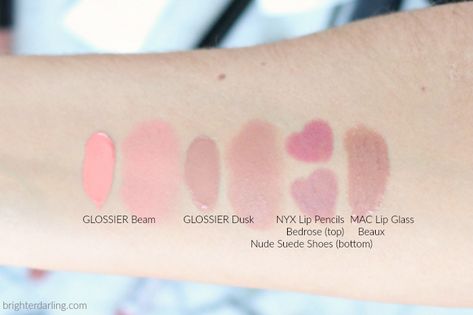 Swatch of Glossier Cloud Paint in Beam and Dusk | Swatch of NYX Slide On Glide On Lip Pencil Bedrose and Nude Suede Shoes | Swatch of MAC Lipglass in Beaux Glossier Cloud Paint Swatches, Cloud Paint Swatches, Glossier Dusk, Glossier Cloud Paint Dusk, Hong Kong Shopping, Mac Lipglass, Glossier Cloud Paint, Cloud Paint, Glossier Makeup