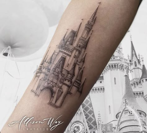 Cinderella's Castle Tattoo, Magic Kingdom Castle Tattoo, Disney Themed Tattoos Sleeve, Cinderella Castle Tattoo, White Fox Tattoo, Disney Leg Tattoo, Cinderella Tattoo, Disney Castle Tattoo, Disney Tattoos Quotes