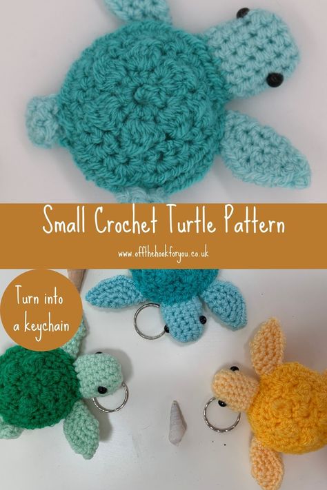 Small Crochet Turtle Keychain- Free Pattern - off the hook for you Crochet Key Chains Free Pattern Flower, Crochet Key Rings Free Pattern, Free Keychain Crochet Patterns, Crochet Animal Keychain, Crochet Buddies, Crochet Turtle Pattern Free, Crochet Keychain Patterns, Crochet Keyring Free Pattern, Crochet Keyrings