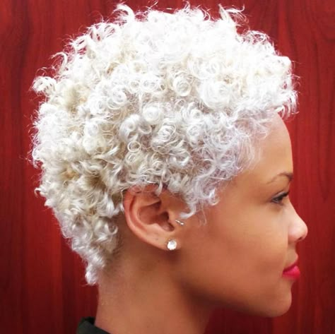 White Blonde Natural Hairstyle Short Curly Weave Hairstyles, White Curly Hair, Short Curly Weave, Blonde Natural Hair, Cabello Afro Natural, Natural Hair Cuts, Natural Hair Short Cuts, Curly Weave Hairstyles, Natural Gray Hair