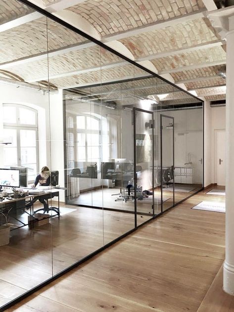 Modern Office Space Design, Warehouse Office Design, Office Design Concepts, Warehouse Office, Industrial Office Design, Cool Office Space, Office Design Inspiration, Loft Office, Modern Office Space