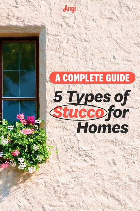 5 types of stucco for homes with a pink stucco home with a flower box at the window Stucco Exterior Makeover, Stucco Exterior Colors, Pink House Exterior, Plaster Wall Texture, Plaster House, Stucco Paint, Stucco Colors, Stucco Texture, Stucco Finishes