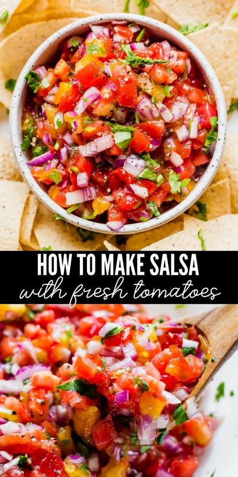 This easy homemade salsa with fresh tomatoes is zesty, refreshing, and full of flavor! Made with just 4 ingredients, you can whip up a batch in minutes to serve as a delicious snack or topping. Homemade Salsa With Fresh Tomatoes, Salsa With Fresh Tomatoes, Salsa Recipe Easy, Easy Tomato Salsa, Fresh Salsa Recipe Homemade, Tomato Salsa Recipe Fresh, Canned Salsa Recipes, Best Salsa Recipe, Make Salsa