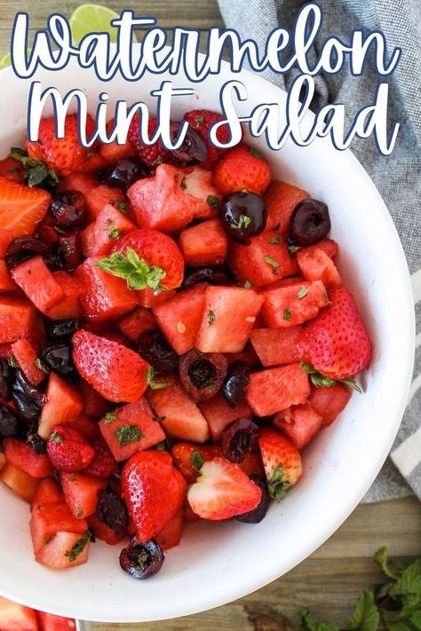 Fresh Watermelon Mint Fruit Salad Mint Fruit Salad, Outdoor Party Food, Outdoor Party Foods, Frozen Fruit Salads, Watermelon Mint Salad, Watermelon Fruit Salad, Lime Salad Dressing, Summer Side Dishes Recipes, Salad With Mint