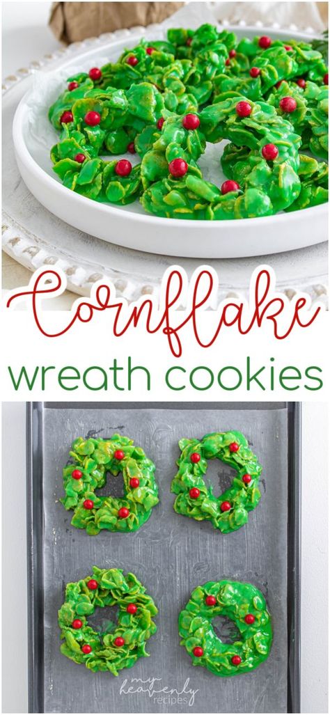 Cornflake Wreath Cookies Recipe- ooey gooey marshmallow goodness with a crunch from the cornflakes! Easy christmas dessert idea. Favorite xmas holiday treat to make for the kids. Fun christmas cornflake wreaths. Marshmallow Christmas Treats, Christmas Wreath Dessert, Cornflake Wreaths, Cornflake Cookies Recipe, Christmas Wreath Cookies, Easy Christmas Dessert, Christmas Cookies Kids, Christmas Crunch, Christmas Food Treats