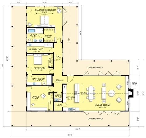 Plano de casa en L con 3 dormitorios L Shaped House Plans, Farmhouse Layout, L Shaped House, Floor Plans Ranch, Kitchen Floor Plans, Ranch House Plan, Casa Country, Ranch Style House Plans, Floor Plan Layout