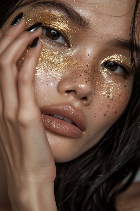 Gold Sparkle Makeup Glitter, Day And Night Makeup Looks, Golden Mermaid Makeup, Glitter Mask Makeup, Shiny Makeup Look Glitter, Yellow Glitter Makeup, Gold Goddess Makeup, Goddess Costume Makeup, Shiny Eye Makeup