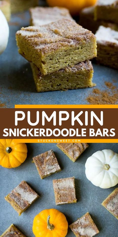 Yummy treats like these easy pumpkin snickerdoodle bars are the top tier! These snickerdoodle bars are spot on when it comes to taste. They’re soft and a little chewy, and are the perfect pumpkin cinnamon balance. A must-try! Pumpkin Cookie Bars, Snickerdoodle Cookie Bars, Snickerdoodle Cake, Snickerdoodle Bars, Picky Palate, Pumpkin Snickerdoodles, Snickerdoodle Cookie, Snickerdoodle Recipe, Pumpkin Cookie