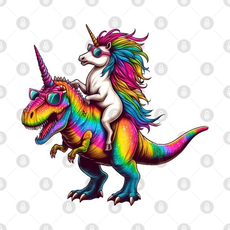 Check out this awesome 'Unicorn+Riding+T-Rex+Dinosaur+Party' design on @TeePublic! Gym Unicorn, Unicorn Life, Unicorn Tattoos, T Rex Dinosaur, Unicorn Tshirt, Unicorn Lover, Unicorn Design, Dinosaur Party, Colorful Party