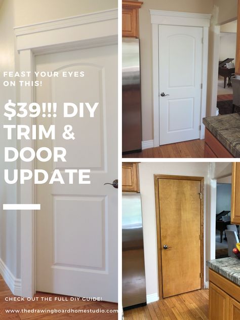 Update Doors Interior Diy, Replacing Interior Doors And Trim, Diy Wood Door Makeover, How To Change Trim In House, Trim Update Diy, Replacing Doors Interior, Refinishing Doors Interior, Changing Trim In House, Door Frame Trim Ideas