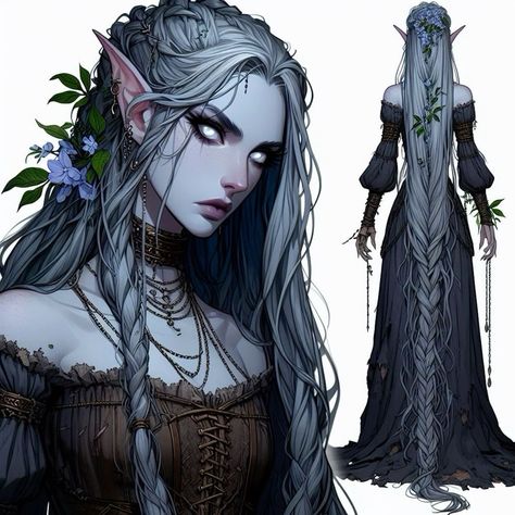 Moon Elf Female Dnd Druid, Modern Elf Aesthetic, Dnd Siren Character Art, Drow Goddess, Dark Elf Druid, Female Drow Dnd, D And D Characters, Dnd Character Design Female Elf, Dnd Drow Female