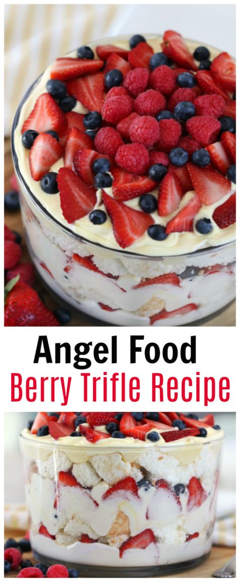 Dinner For A Party Easy, Layered Angel Food Cake With Berries, White Cake With Berries On Top, Fresh Berry Dessert Recipes, Premade Desserts For Party, Easy Trifle Desserts No Bake, Light Easter Dessert Recipes, Trifles Desserts Easy, Light Healthy Desserts