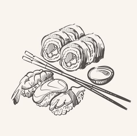 Sushi Sketch Drawings, Japanese Food Sketch, Sushi Drawing Illustration, Sushi Illustration Graphics, Sushi Doodle, Sushi Sketch, Japanese Food Drawing, Food Drawing Sketches, Sushi Illustration