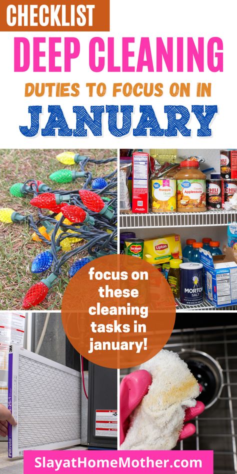 Deep clean your home in January by focusing on these key areas! #deepcleaning #cleaninglist #cleaningchecklist #winter #cleaning #slayathomemother January House Cleaning, January Deep Clean, January Deep Cleaning, January Cleaning Challenge, Winter Deep Cleaning List, January Cleaning Checklist, Home Deep Cleaning Checklist, Deep Cleaning Room, Winter Cleaning Checklist