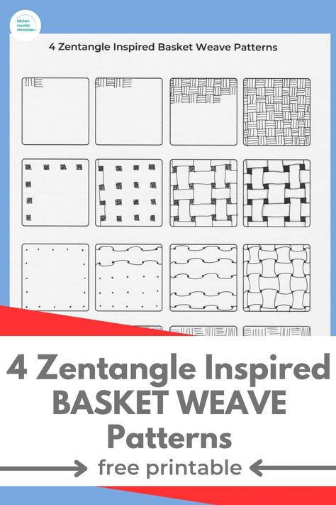 Learn 4 zentangle basket weave patterns with step-by-step instruction sheet. This free printable will help you learn these fun doodled basketweaving patterns. Zentangle Braid Tangle Patterns, Filler Zentangle Patterns, Zentangle Basket Weave Pattern, Weaving Patterns Drawing, Zentangle Weave Pattern, Basic Zentangle Patterns, Zentangle Step Out Patterns, Zentagle Drawing Easy Step By Step, Beginner Zentangle Patterns Step By Step