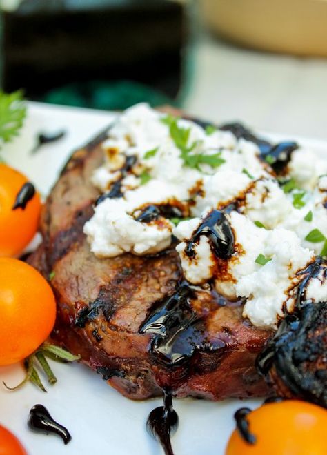 Goat Cheese Steak with Balsamic Glaze |  TheFoodCharlatan // This tender steak is smothered with goat cheese and a balsamic glaze. Heaven! Balsamic Glaze Recipes, The Food Charlatan, Goat Cheese Recipes, Healthy Grilling Recipes, Food Charlatan, Cheese Steak, Where's The Beef, Strip Steak, Healthy Low Carb Recipes