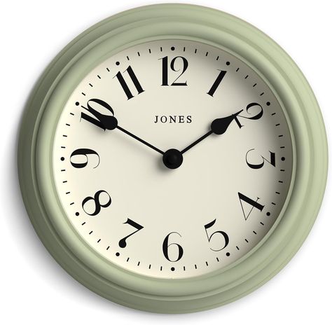 Jones Clocks® 'Frieze' wall clock – small round contemporary classic round clock in green, with pretty numbers, 23cm, ideal for the kitchen, living room, office or bedroom Green Living Room Wall Clocks, Pretty Numbers, Wall Clock Brown And Sage Green, Wall Clock Uk, Cool Clocks Uk, Sage Green Wall Clocks, Small Wall Clock, Round Clock, Fashion Toys