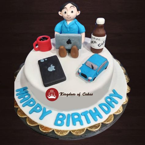 A person working in the IT field will love this cake showcasing his life around technology and symbols of life like car, tonic, laptops, coffee all made from delicious cream on a white base. Delivery across Delhi NCR Website www.kingdomofcakes.in call +91 9999 81 2200 your customized cake Symbols Of Life, Camera Cakes, Cake For Men, Chubby Boy, Cake Design For Men, It Technology, Customized Cake, Cake For Husband, It Field