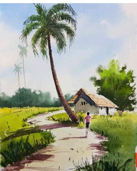 Watercolor Scenery Painting, Village Scenery, Watercolor Art Face, Watercolor Scenery, Watercolor Art Landscape, Landscape Painting Tutorial, Watercolor Paintings Nature, Art Village, Beautiful Art Paintings