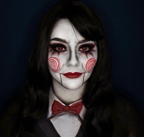 Cool Halloween Makeup For Women, Billy Jigsaw Makeup, Billy Puppet Makeup, Diy Jigsaw Makeup, Saw Puppet Makeup, Halloween Makeup Jigsaw, Jigsaw Costume Makeup, Halloween Saw Costume, Billy Jigsaw Costume