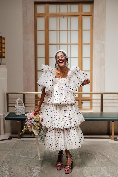 My 5 Bridal Looks: Zeena Shah | SheerLuxe Dopamine Outfits, Fun Wedding Dress, What's A Soulmate, Quirky Wedding Dress, August Mood Board, Crazy Fits, Wedding Rehearsal Dinner Dress, Dramatic Gamine, Getaway Dress