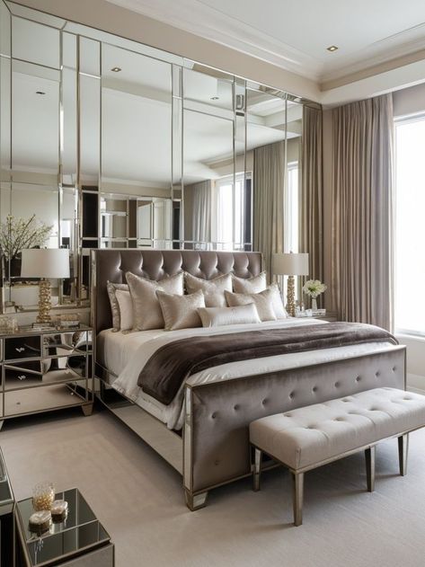 Glamorous bedroom ideas for those who love a touch of luxury, incorporating plush fabrics, mirrored surfaces, and metallic accents. #BedroomIdeas #BedroomDesign Mirror Headboard Ideas, Table Mirror Decor, Glamorous Bedroom Ideas, Bedroom With Mirror, Side Table Mirror, Cozy Farmhouse Bedroom Ideas, Velvet Tufted Headboard, Bedroom Ideas Rustic, Cozy Farmhouse Bedroom