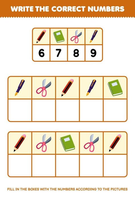 Education game for children write the right numbers in the box according to the cute pencil book scissor pen pictures on the table printable tool worksheet Coding For Kids Worksheets, Coding Worksheet, Pen Pictures, Preschool Pattern Worksheets, Logic Games For Kids, Fun Worksheet, Preschool Patterns, Fun Worksheets For Kids, Homeschool Preschool Activities