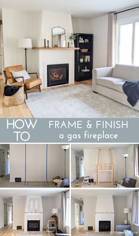 How to Install a Gas Fireplace - Framing & Finishing a Gas Fireplace - Bitterroot DIY Add On Fireplace, Fireplace Add On, Propane Fireplace Makeover, Adding Gas Fireplace To Living Room, Add Gas Fireplace To Living Room, Adding A Gas Fireplace To Living Room, Add Fireplace To Living Room, Gas Log Fireplace Ideas, Gas Fireplace Insert Ideas