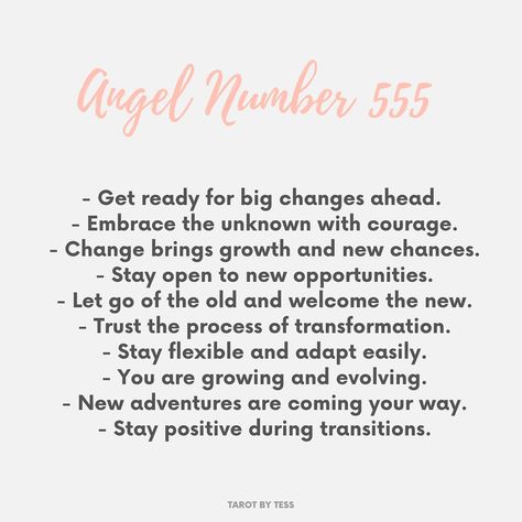 Angel number 555 signifies major change and transformation. It’s a message that new opportunities are on the horizon and that you should embrace these shifts with an open heart and mind. Trust the process and know that these changes are leading you to growth and fulfillment. 🌟 5:55 Angel Number, 55 Angel Number, Angelic Names, Angel Number 555, 555 Angel Numbers, Manifestation Energy, Finding Meaning, Angel Number Meanings, Number Meanings