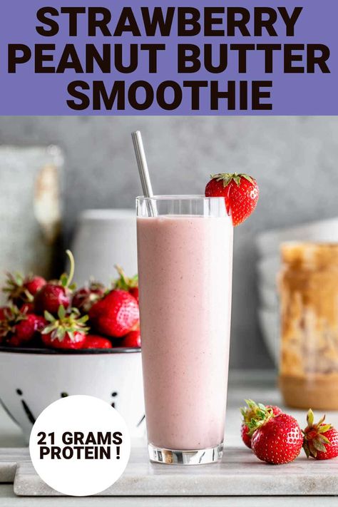 This 5-minute recipe for Strawberry Peanut Butter Smoothie needs to be a part of your healthy breakfast routine. It packs 21 grams of protein, two servings of produce and satisfies all morning long! The combination of fruity strawberries and nutty peanut butter tastes just like a P, B & J so the whole family will love them! Smoothies Vegan, Fruit Smoothie Recipes Healthy, Peanut Butter Banana Smoothie, Best Smoothie, Smoothie Recipes Healthy Breakfast, Banana Smoothie Recipe, Peanut Butter Smoothie, Smoothie Drink Recipes, Healthy Peanut Butter