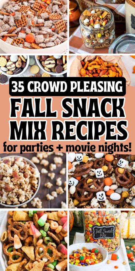 Easy fall snack mix recipes that make fun fall treats for parties, cheap movie night snacks and festive potluck ideas for a crowd. Autumn Snack Mix Candy Corn, Fall Class Snacks For Kids, Snack Mix For Tailgate, Fall Snack Mix Treat Bags, Treat Bag Ideas For Adults, Munchy Food Snacks, Sweet Trail Mix Ideas, Fall Theme Snacks For Kids, Fall Salty Snacks