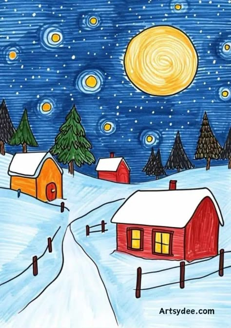 Drawing Idea For School, Christmas Themes Drawings, Winter Related Drawings, Snow Day Drawing, Drawing Ideas For Winter, Season Drawings Ideas, Simple Drawing With Color, Christmas Ideas For Drawing, Seasons Drawing Ideas