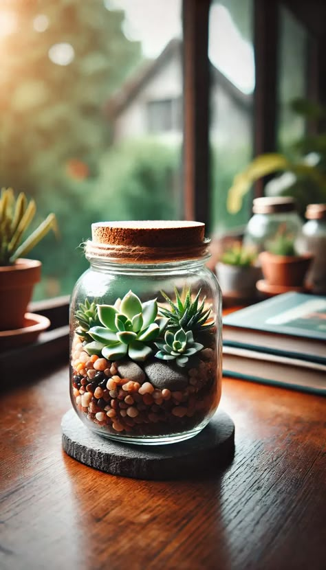 21 Genius Mason Jar Decoration Ideas You Need to Try Right Now! 🌟🕯️ Succulent Centerpiece Ideas, Plants In Glass Jars, Jar Decoration Ideas, Mason Jar Plants, Mason Jar Succulents, Jars Decoration Ideas, Mason Jar Terrarium, Mason Jars Ideas, Plants And Books