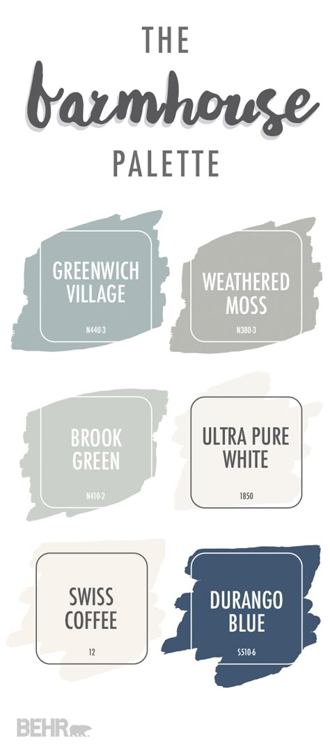 Check out this farmhouse chic color palette from BEHR Paint to find the perfect rustic color scheme for your home. Try matching light neutral colors like Weathered Moss, Brook Green, and Ultra Pure White to bring out the natural lighting in your home. Use warm wooden accents to make this color palette feel comfortable and inviting. Click below to learn more. Rustic Color Schemes, Brook Green, Farmhouse Paint Colors, Farmhouse Paint, Behr Paint, Paint Color Palettes, Rustic Colors, Joanna Gaines, Paint Colours