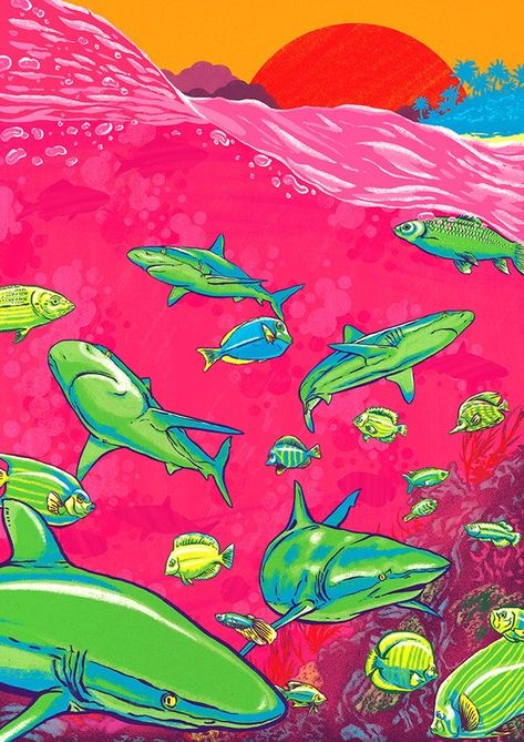 Shark Fish, Ocean Tropical, Posca Art, Pink Ocean, Art Collage Wall, Funky Art, Surreal Art, Sharks, Pretty Art