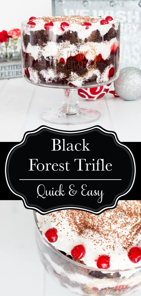 This black forest cake trifle is one of the easiest, and prettiest, desserts you can make. I love it around the holidays, but who am I kidding, black forest cake is delicious any time of year! This is a great last minute dessert too, because it just uses cake box mix, and you can keep all the ingredients in your fridge or pantry, ready to go any time you need!  #dessert #cake #chocolate #chocolatecake #cherries #blackforestcake #easydessert #christmas #holiday #recipe #delicious #food Black Forest Trifle Recipe, Black Forrest Cake, Black Forest Trifle, Cherry Trifle, Cake Trifle, Black Forrest, Brownie Trifle, Berry Trifle, Trifle Recipes