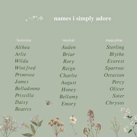 Names I Adore Aesthetic, Cottagecore Name Ideas, Plant Names Cute, Names That Mean Green, Names That Mean Nature, Names That Mean Flower, Goblincore Names, Cottagecore Baby Names, Pretty Names For Girls Ideas