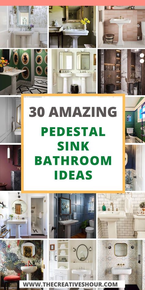 Embrace timeless charm with these inspiring ideas. Explore ways to elevate your bathroom aesthetic using the classic elegance of a pedestal sink. Transform your space into a sanctuary of style and functionality. #BathroomDecor #PedestalSink #HomeDesign Pedestal Sink Makeover, Pedistool Sink, Powder Room Ideas Pedestal Sink, Bathroom Pedestal Sink Ideas, Pedestal Sink Bathroom Ideas, Sink Bathroom Ideas, Small Bathroom Pedestal Sink, Pedistal Sink, Pedastal Sink