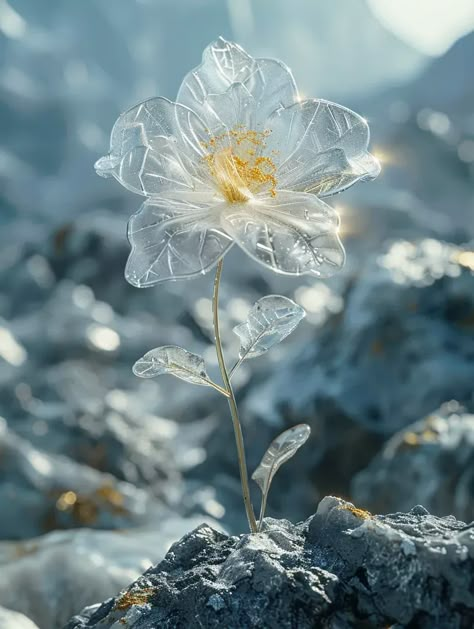 The image is a beautiful flower made of ice and snow. The flower has delicate petals and a golden pistil ->> more details in ai-img-gen.com Snow In Summer Flower, Ice Queen Aesthetic, Cold Character, Flowers In Snow, Ice Garden, Flowers In Ice, Frost Pattern, Frost Flower, Frost Flowers