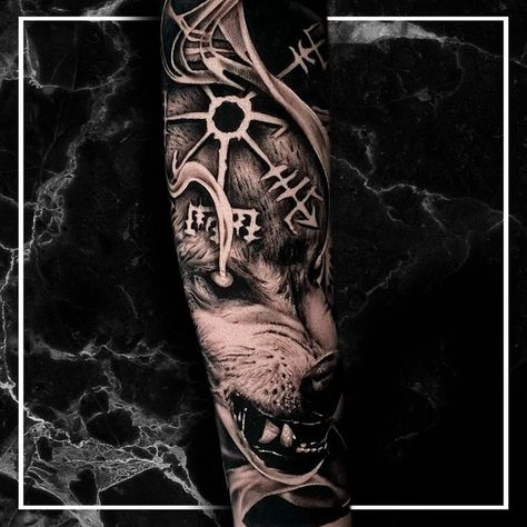 Fenrir Tattoo Mythology, Nordic Wolf Tattoo, Fenrir Tattoo Design, Nordic Sleeve, Bite Mark Tattoo, Nordic Wolf, Odin Tattoo, Fenrir Tattoo, Body Armor Tattoo