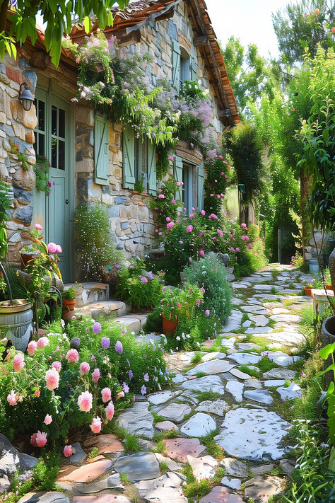 Lush garden with blooming hydrangeas and a charming stone cottage. Country Cottage Inspiration, Cottage Garden Walkway, Mediterranean Cottage Garden, French Country Gardens, French Garden Ideas, Cottage Garden Inspiration, Cottage With Flowers, Garden Inspiration Ideas, Cottage Landscaping