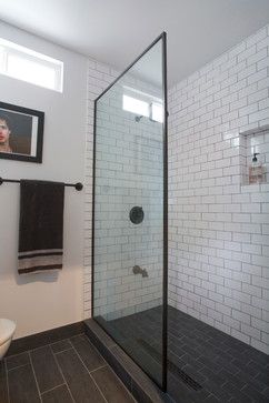 Black Shower Frame Design Ideas, Pictures, Remodel and Decor Subway Tile Bathroom Floor, White Subway Tile Bathroom, Black Tile Bathrooms, Dark Grout, Subway Tile Showers, Subway Tiles Bathroom, Shower Floors, Glass Shower Door, White Subway Tiles