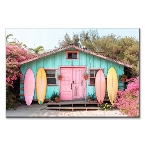 About the Art:   A charming beach hut painted in vibrant turquoise with a weathered pink door stands surrounded by lush, blooming flowers. The hut is flanked by four surfboards in shades of pink and yellow, neatly propped against its exterior. Potted plants line the steps, enhancing the cozy, welcoming atmosphere of this idyllic seaside retreat.  BIG Wall Decor, the leader in large-scale modern wall art, is dedicated to ensuring each selection dramatically enhances your space. Our commitment to Mid Century Surf Shack, Surf Beach House, Retro Beach House, Beach Shacks, Small Beach Houses, Turquoise Beach, Big Wall Decor, Free Wall Art, Beach Cabin